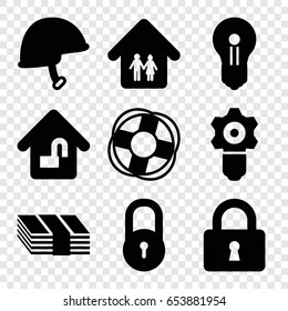 Safe icons set. set of 9 safe filled icons such as lock, helmet, home lock, family home, lifebuoy, keyhole, gear keyhole