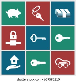 Safe icons set. set of 9 safe filled icons such as pig, key, welding glasses, house insurance, money