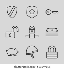 Safe icons set. set of 9 safe outline icons such as pig, key, lock, opened lock, helmet, home security, money