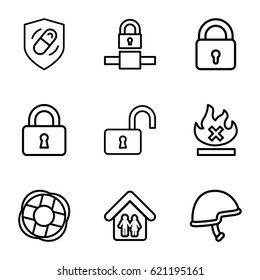 Safe icons set. set of 9 safe outline icons such as lock, no fire, opened lock, helmet, health insurance, family home