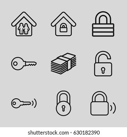 Safe icons set. set of 9 safe outline icons such as lock, opened lock, lock home, family home, key
