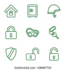 Safe icons set. set of 9 safe outline icons such as opened lock, safe, key, welding glasses, lock, helmet, lock home