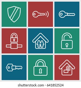 Safe icons set. set of 9 safe outline icons such as opened lock, key, lock, home lock, family home