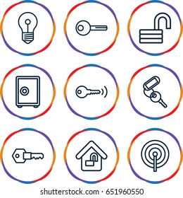 Safe icons set. set of 9 safe outline icons such as key, opened lock, home lock, safe, lock