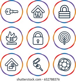 Safe icons set. set of 9 safe outline icons such as lock, key, no fire, home lock, family home
