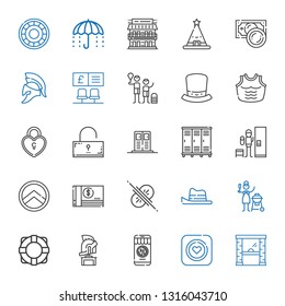 safe icons set. Collection of safe with access, condom, money, helmet, lifebuoy, charcoal, hat, collision, shield, locker, lockers, unlocked. Editable and scalable safe icons.