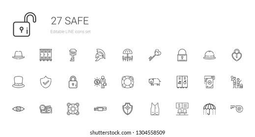 Safe Icons Set. Collection Of Safe With Bank, Vest, Shield, Belt, Lifesaver, Money, Security, Locker, Pig, Salary, Lock, Hat, Padlock, Key, Umbrella. Editable And Scalable Safe Icons.