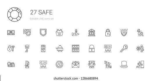 safe icons set. Collection of safe with family, dollar, salary, bank, helmet, money, padlock, lockers, room service, key, lock, investment, locker. Editable and scalable safe icons.