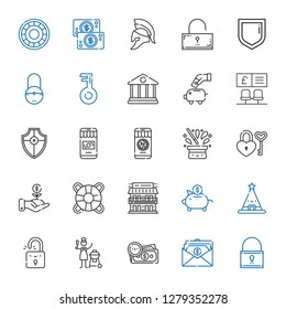 safe icons set. Collection of safe with padlock, salary, money, charcoal, hat, piggy bank, motel, lifesaver, investment, shield, bank, key, security. Editable and scalable safe icons.