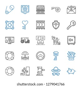safe icons set. Collection of safe with piggy bank, hat, auction, locker, lifesaver, key, shield, umbrella, safebox, family, bank, money, payment method. Editable and scalable safe icons.