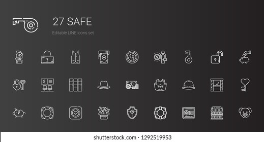 safe icons set. Collection of safe with safebox, lifebuoy, shield, hat, condom, lifesaver, piggy bank, armor, money, locker, bank, padlock, key. Editable and scalable safe icons.