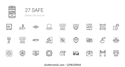 safe icons set. Collection of safe with salary, money, padlock, lifebuoy, payment method, security, condom, shield, collision, locker, belt. Editable and scalable safe icons.