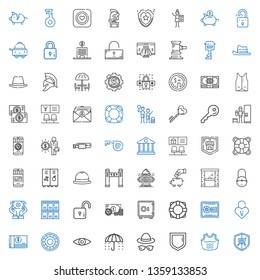 safe icons set. Collection of safe with security, armor, hat, umbrella, shield, money, padlock, safebox, lifebuoy, lock, lockers, dollar, access. Editable and scalable safe icons.