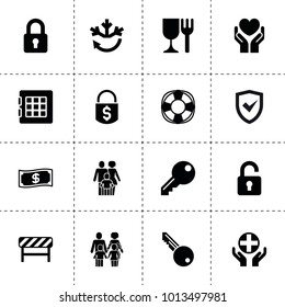 Safe icons. vector collection filled safe icons. includes symbols such as air conditioning, money lock, insurance, road barrier. use for web, mobile and ui design.