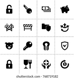 Safe icons. vector collection filled safe icons. includes symbols such as pig, dollar, money, air conditioning, insurance, road barrier. use for web, mobile and ui design.