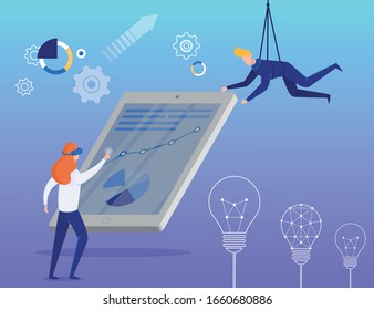Safe Idea Analysis Creative Virtual Management. Woman in VR Glasses Headset Analyzing Data Interacting with Tablet Screen. Man Hanging on Rope Provides Security. Vector Flat Cartoon Illustration