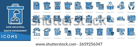 Safe Industrial Waste Management icon set. Waste Disposal Plan, Hazardous Waste Label, Recycling Bin Station, Waste Tracking Log, Industrial Audit and Safe Storage Container