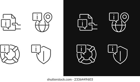 Safe information service pixel perfect linear icons set for dark, light mode. International network. Thin line symbols for night, day theme. Isolated illustrations. Editable stroke