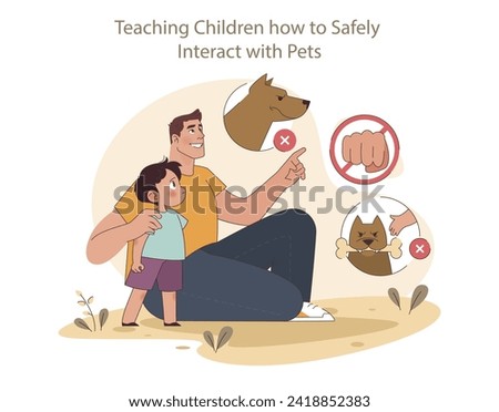 Safe Interactions concept. A father teaches his child the right way to approach pets, ensuring a safe and respectful bond.