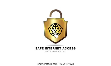 Safe internet access concept for Safer internet day. International Safer internet day text with Web globe shield and locke safety icons.