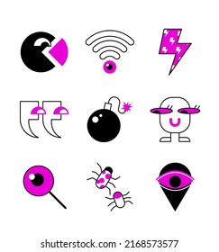 Safe Internet - colorful flat design style icon set with linear elements. A purple colored composition with wifi, quotes, bugs, location tag, magnifier, lightning bolt, bomb, pie chart and little man