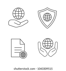 Safe internet connection icons set. Thin line contour symbols. Hands holding globe, Earth inside shield, web document. Isolated vector outline illustrations. Editable stroke