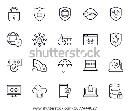 Safe internet line icon set. Collection of internet signs for web design and mobile app. Safer Internet Day pictograms. Lock, password, computer, laptop, umbrella, cloud protect, shield black icon