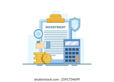 Safe Investment Concept. Clipboard with Calculator and Shield. Financial Stability. Investment Planning and Calculation. Protection of Financial Savings in Economic Crisis. Flat vector illustration.