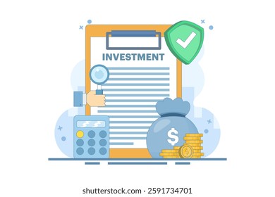 Safe Investment Concept. Clipboard with Calculator and Shield. Financial Stability. Investment Planning and Calculation. Protection of Financial Savings in Economic Crisis. Flat vector illustration.