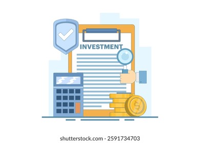 Safe Investment Concept. Clipboard with Calculator and Shield. Financial Stability. Investment Planning and Calculation. Protection of Financial Savings in Economic Crisis. Flat vector illustration.