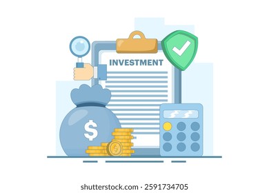 Safe Investment Concept. Clipboard with Calculator and Shield. Financial Stability. Investment Planning and Calculation. Protection of Financial Savings in Economic Crisis. Flat vector illustration.