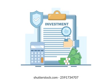 Safe Investment Concept. Clipboard with Calculator and Shield. Financial Stability. Investment Planning and Calculation. Protection of Financial Savings in Economic Crisis. Flat vector illustration.