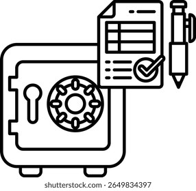A safe with a keyhole and a piece of paper with a check mark on it. The safe is surrounded by a black border