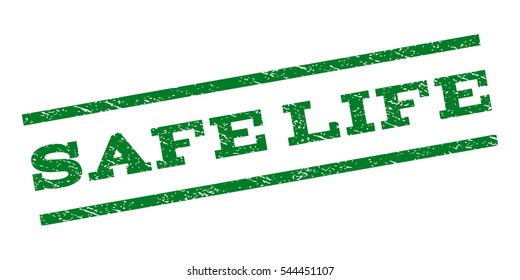 Safe Life watermark stamp. Text tag between parallel lines with grunge design style. Rubber seal stamp with scratched texture. Vector green color ink imprint on a white background.