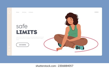 Safe Limits Landing Page Template. Woman Drawing Circle Around Self. Female Character Creating Personal Boundary, Claiming Space, A Symbolic Act Of Protection. Cartoon People Vector Illustration