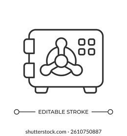 Safe line icon. Secure place for papers and money. Storing valuable items in steel cabinet. Banking service. Isolated vector illustration. Outline symbol. Simple linear drawing. Editable stroke