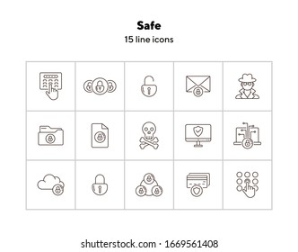 Iconos de línea segura. Conjunto de iconos de línea. Nube con candado, pantalla con escudo. Concepto de seguridad en Internet. La ilustración vectorial puede utilizarse para temas como seguridad de la información, informática