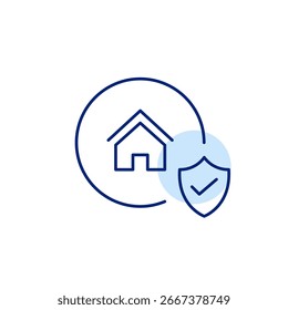 Safe living environment, authenticated home, compliant building standards, reliable domestic defense. House, shield and checkmark. Pixel perfect, editable stroke vector icon