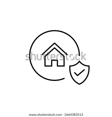 Safe living environment, authenticated home, compliant building standards, reliable domestic defense. House, shield and checkmark. Pixel perfect, editable stroke vector icon
