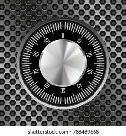 Safe lock button. Round knob with digits on metal perforated background. Vector 3d illustration