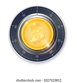 Safe lock with crypto currency coin of bitcoin. Realistic metallic combination lock for safety illustration. Concept of security digital money, isolated on white.