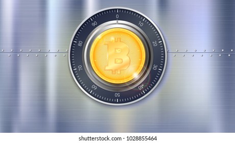 Safe lock with crypto currency coin of bitcoin with metal surface with texture and rivets. Realistic metallic combination lock for safety illustration. Security digital money on metallic backdrop.