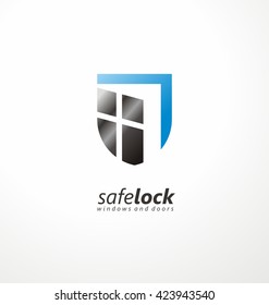 Safe lock windows and doors creative symbol concept. Unique logo design idea with shield shape and open window. Home security.Vector icon for insurance  or guard company. Doors seller or manufacturer.