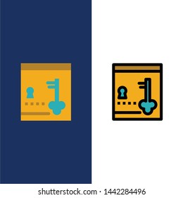 Safe, Locker, Lock, Key  Icons. Flat and Line Filled Icon Set Vector Blue Background