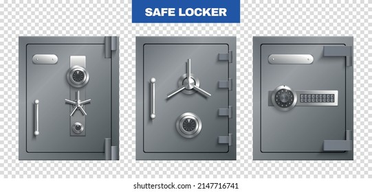 Safe lockers doors set on transparent background realistic isolated vector illustration