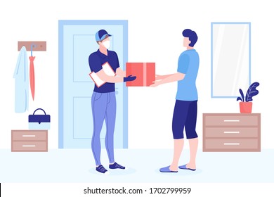 Safe logistic courier service during a coronavirus COVID-19 novel pandemic. Delivery man in a medical face mask and gloves gives delivery box package, parcel or food to customer vector illustration