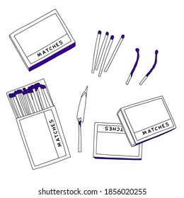 Safe matches in vector. Hand drawn graphics. Matchbox, fire, burning match.