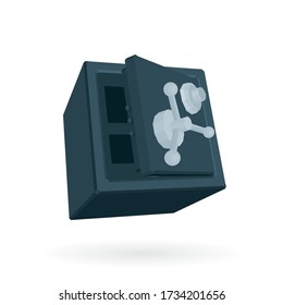 A salvo. Caja de seguridad metálica con ilustración vectorial de puerta abierta aislada en fondo blanco. Caja de seguridad de banco de acero con visión lateral e inferior.  Parte del conjunto.