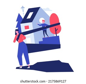 Safe Migration - Modern Colorful Flat Design Style Illustration. An Illustration With Mother And Child Moving With Their Home To Another Place. Belonging, Journey And Forced Relocation Idea