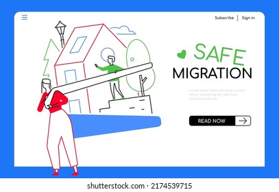 Safe Migration - Modern Flat Design Style Web Banner With Line Elements And Copy Space For Text. An Illustration With Mother And Child Moving With Their Home To Another Place. Belongings Idea